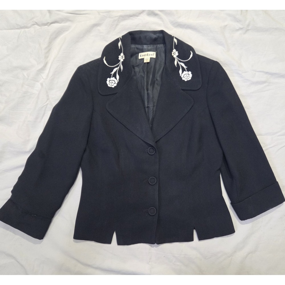 VTG Bebe Blazer‎ Jacket Coat Womens Floral Embroidered Black Made In USA Sz 8
